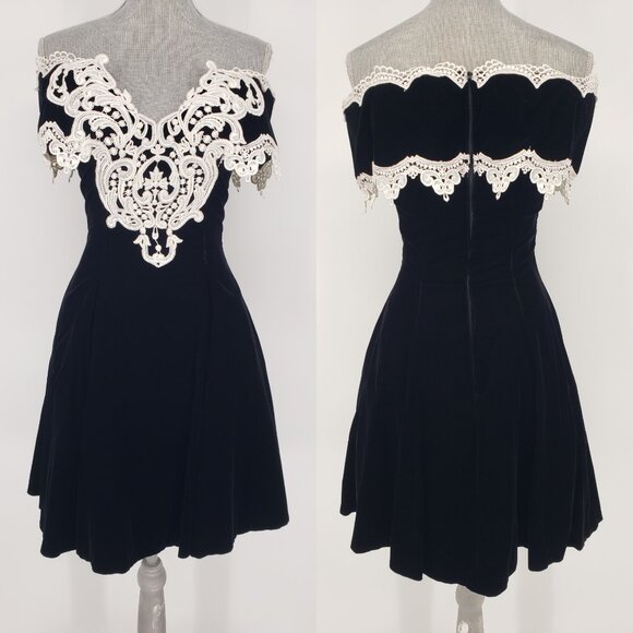 Scott McClintock Vintage 80s Off Shoulder Velvet Dress 6 Lace Fit & Flare Mini - Picture 1 of 9